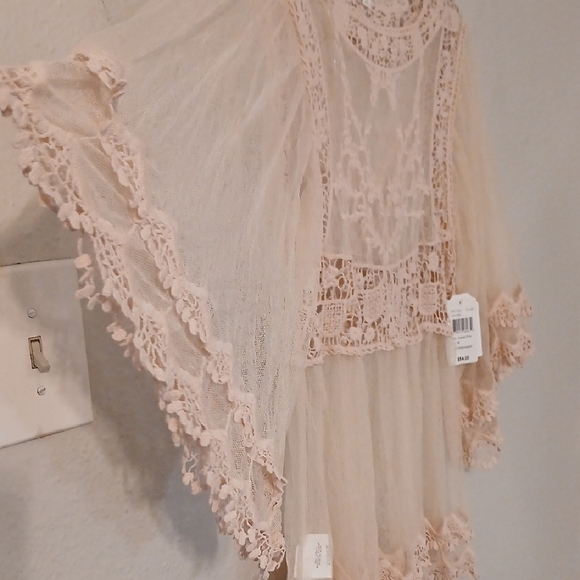 Tan Asymmetrical Ruffled Blouse with Sheer Embellishments - Picture 5 of 11